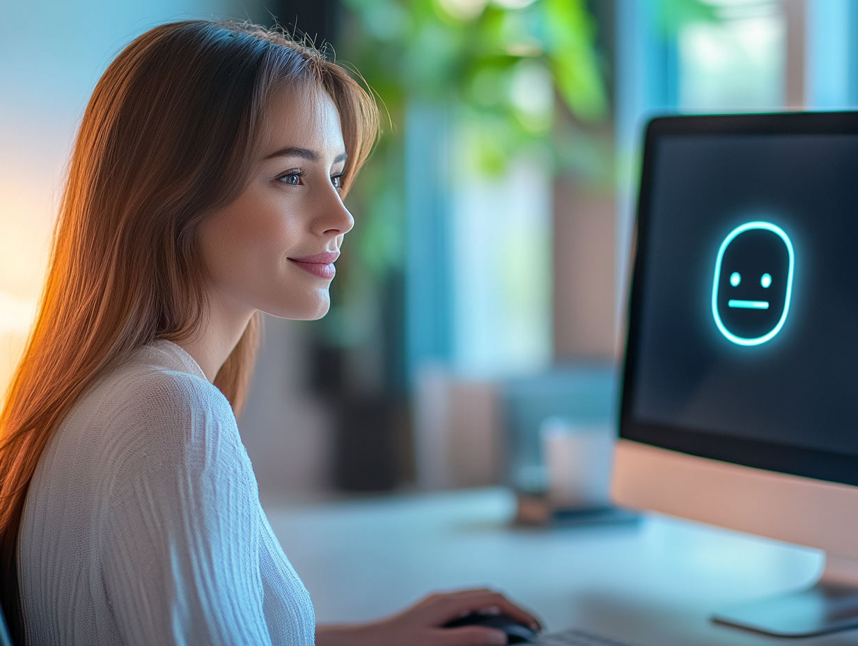 Woman talking to a conversational AI in her home office