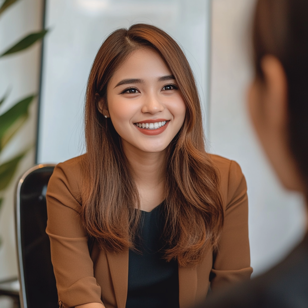 0_1 (1) Smiling woman in a professional setting, engaging in conversation, representing outsourced account management and client relationship focus.