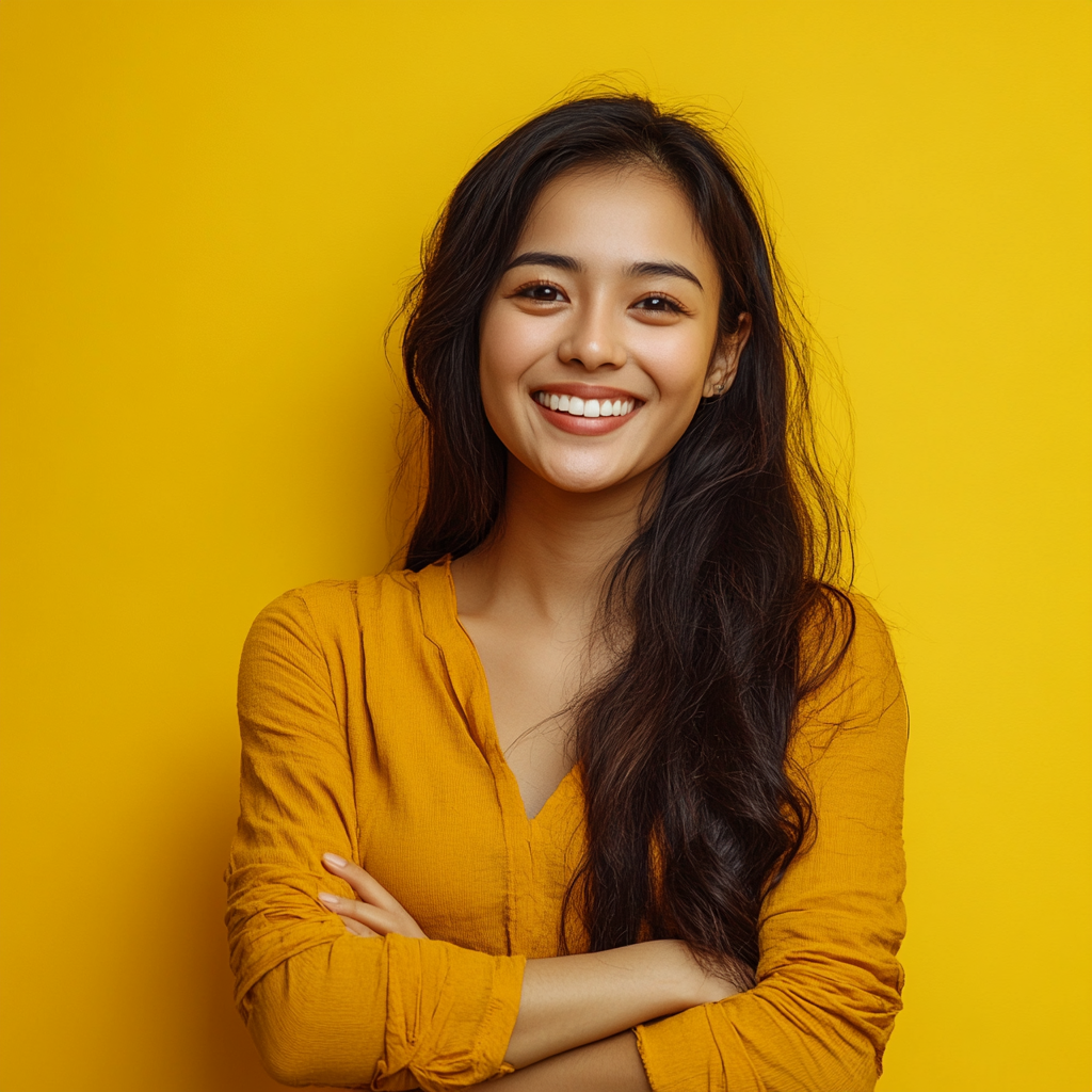 0_2 (1) Smiling woman with long dark hair wearing a yellow blouse, representing confidence and client-focused service in outsourced account management.