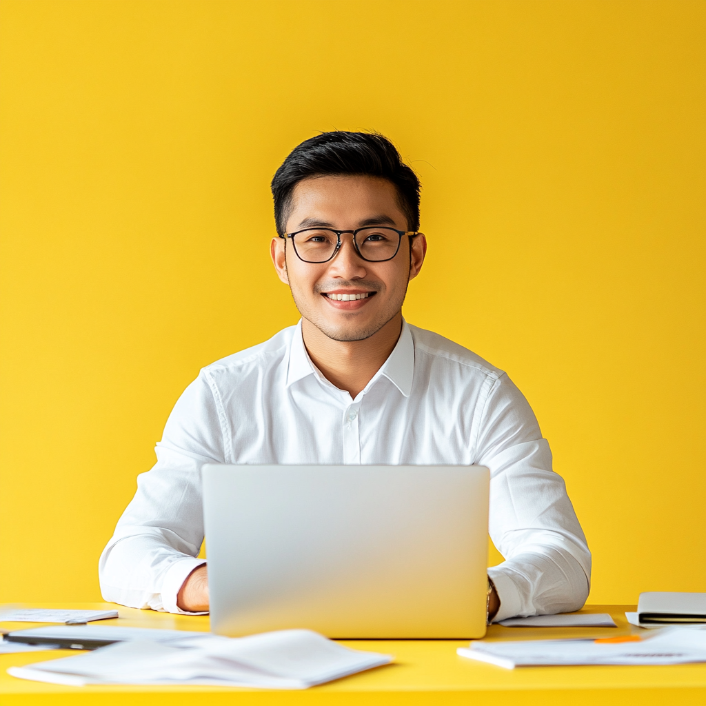 0_3 (2) Smiling young professional in a white shirt working on a laptop at a yellow desk, representing dedicated account management and client relationship building.