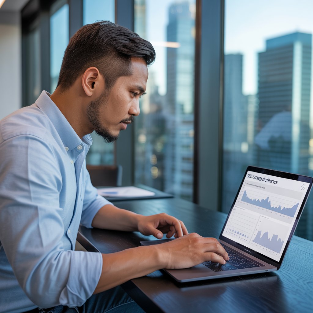 Man analyzing search engine marketing data on laptop, showcasing performance metrics and trends in a modern office setting.