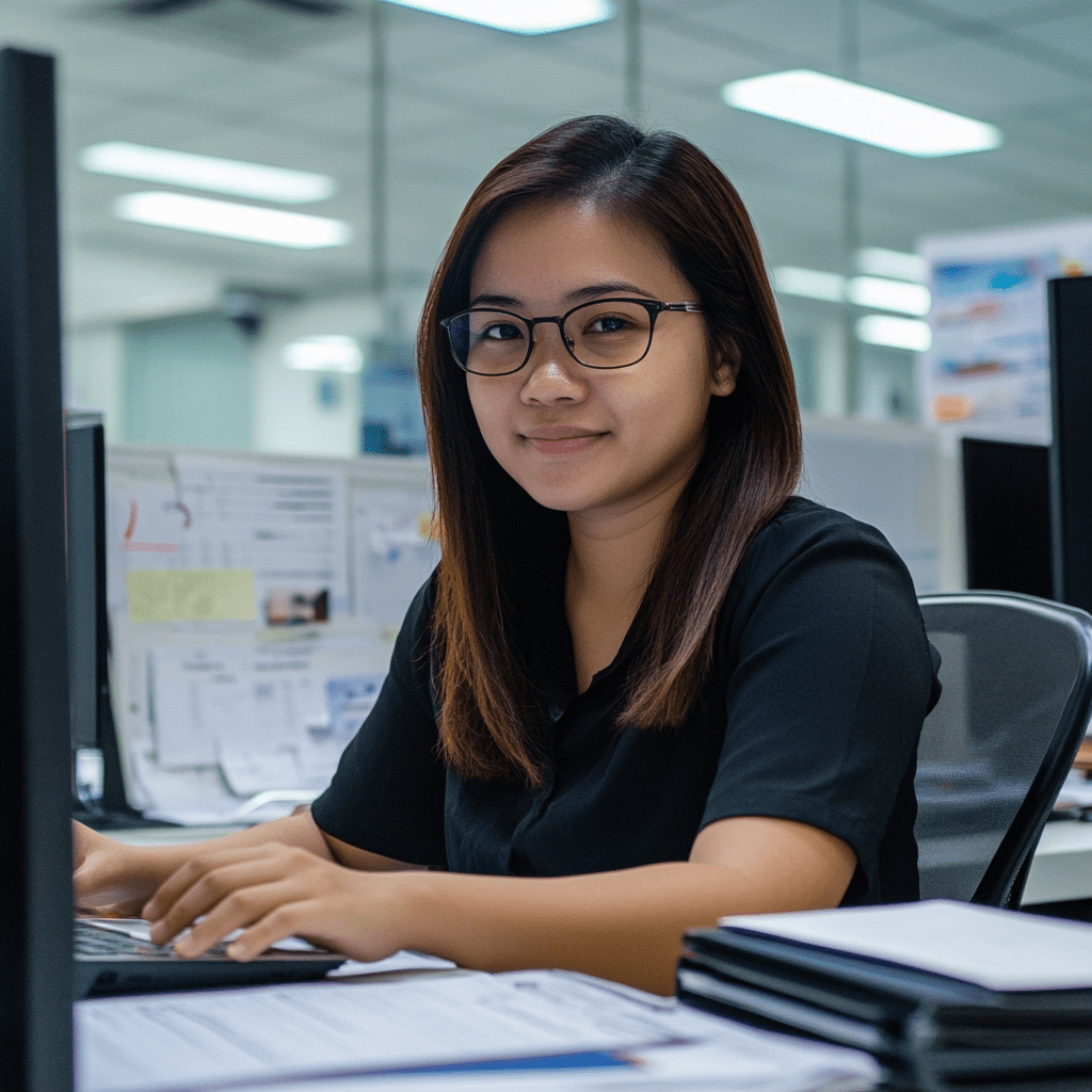 Accounts payable outsourcing manages a business’s AP workflow-min Woman working at a desk in an office environment, focused on a computer, representing accounts payable outsourcing and business efficiency.