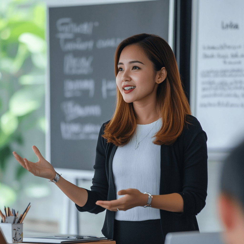 Professional woman presenting in a business setting, illustrating strategic planning and communication skills relevant to search engine marketing (SEM) and lead generation.