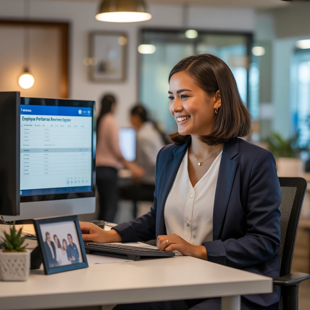 Smiling woman in business attire using a computer displaying an employee performance review system, with colleagues in a modern office setting.
