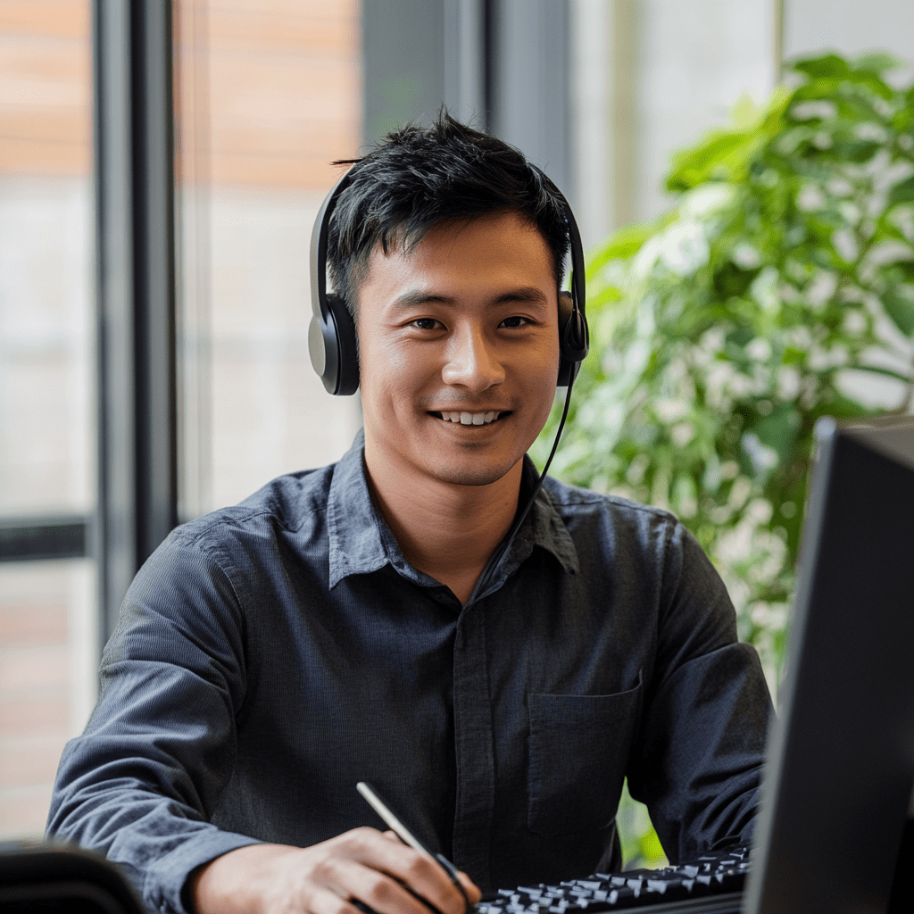 Boost customer satisfaction when outsourcing front office work Smiling customer service representative wearing headphones, engaged in front office outsourcing, working at a computer desk with a plant in the background.