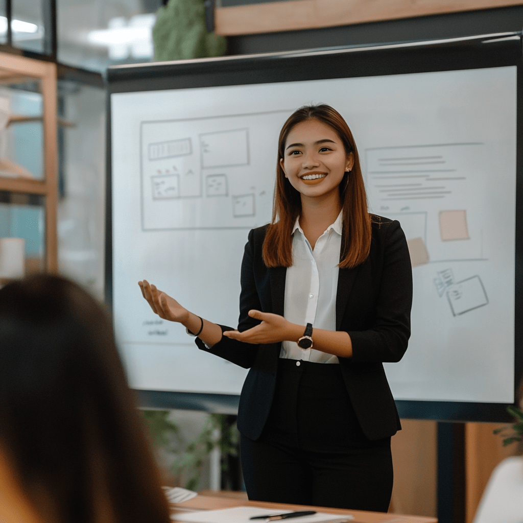 Businesses can outsource many types of front-facing roles Professional woman presenting in front of a whiteboard with business diagrams, illustrating effective communication and team collaboration in outsourced sales and marketing strategies.