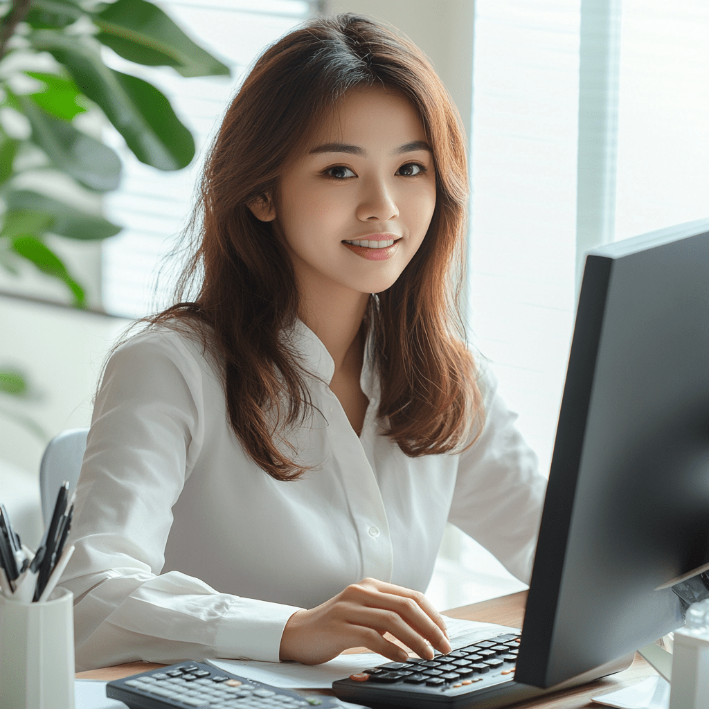 Professional woman in a white blouse using a computer and calculator at a desk, symbolizing efficient payroll management and support in outsourcing payroll services.