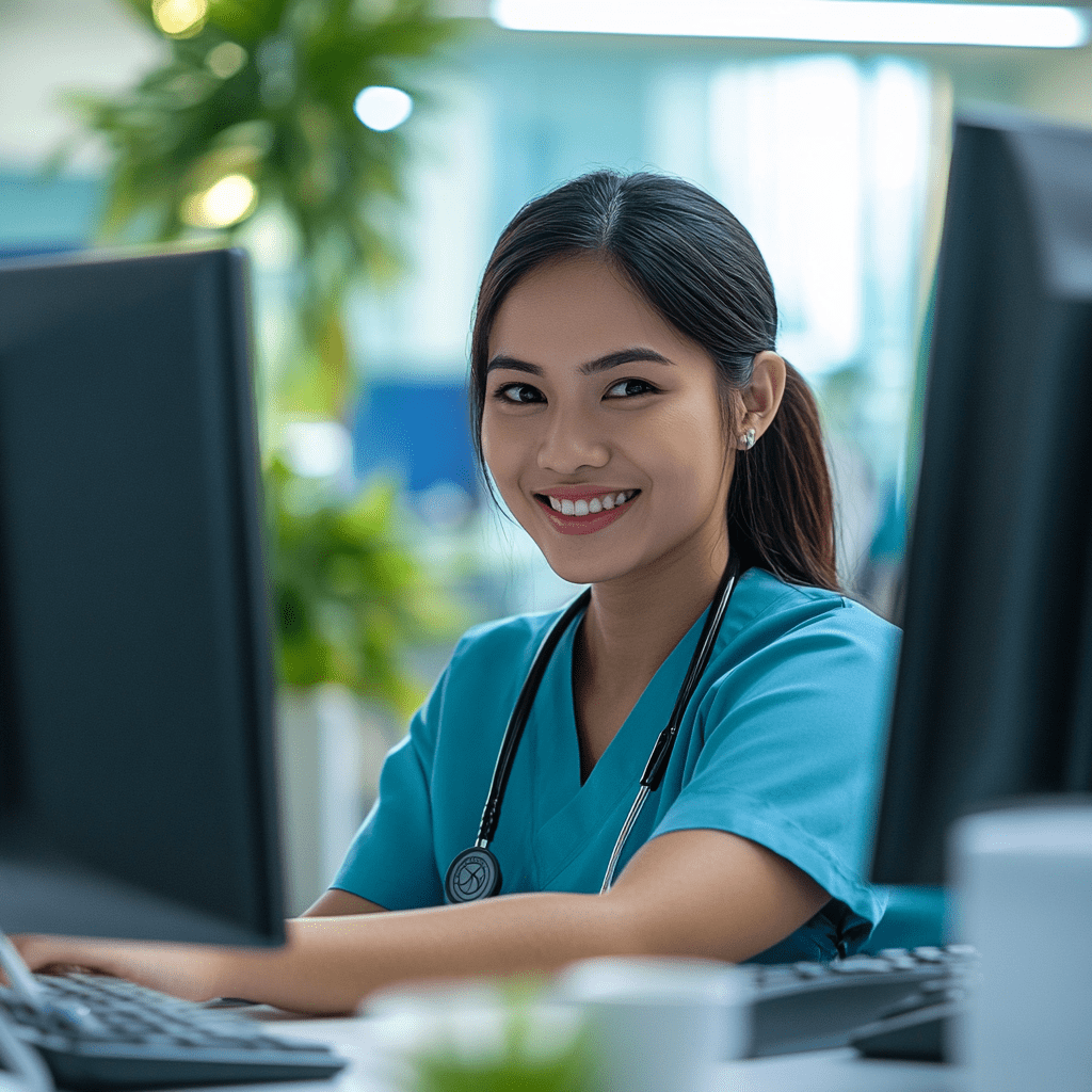 Delegating front office work is common across different industries Smiling healthcare professional in scrubs working at a computer, representing front office roles in the healthcare industry.
