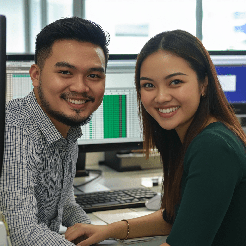 Find the right accounts payable outsourcing provider-min Smiling professionals collaborating at a desk with computer screens displaying data, representing teamwork in accounts payable outsourcing and automation solutions.