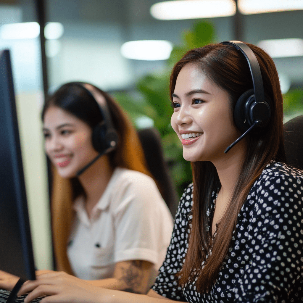 Front office outsourcing covers customer-facing functions Customer service representatives wearing headsets, engaged in front office outsourcing tasks, smiling while interacting with customers in a modern office setting.