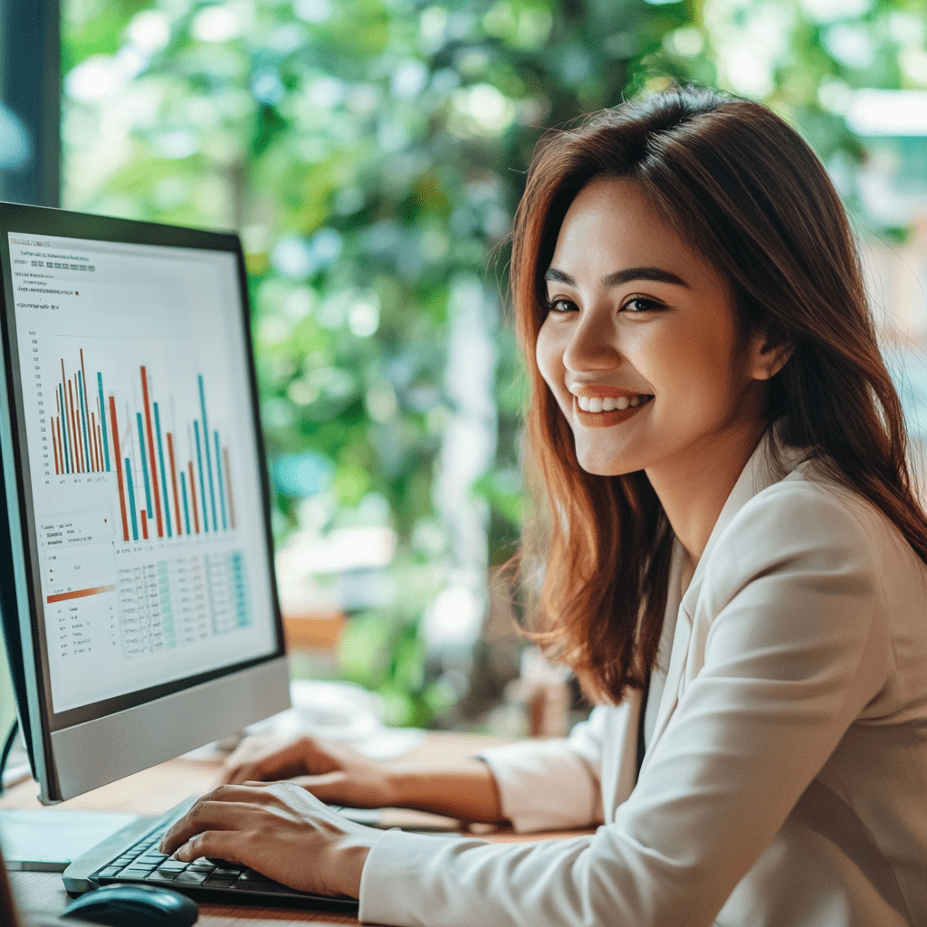 Woman analyzing SEM reports on computer, smiling, surrounded by greenery, illustrating the role of a search engine marketing specialist in driving customer engagement.
