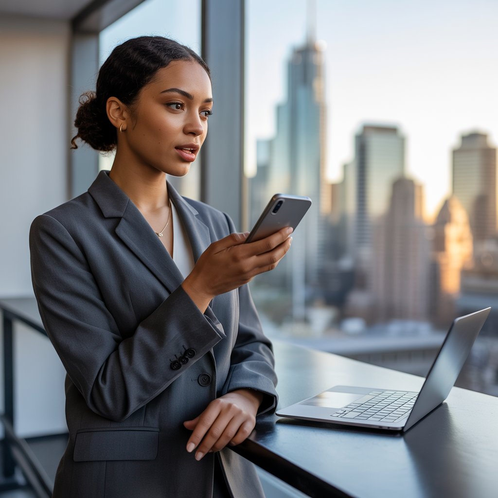 Intelligent voice assistants have been around for decades Professional woman in business attire engaging with a smartphone, overlooking a city skyline, symbolizing the integration of voice assistants in modern business communication.