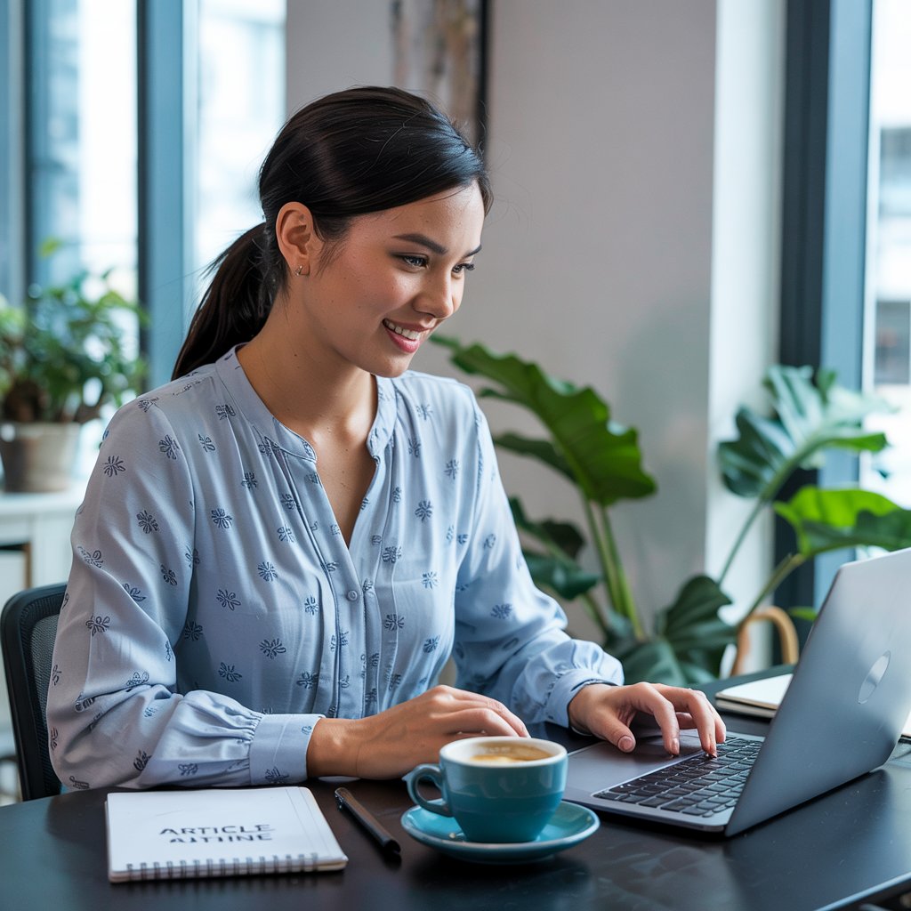 Woman working on a laptop in a modern office setting, with a cup of coffee and a notepad titled "ARTICLE" on the table, illustrating productivity and remote work themes related to outsourced executive assistants.