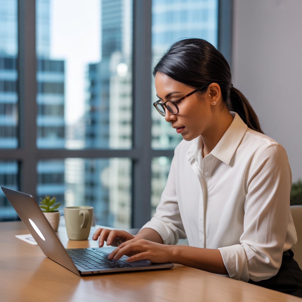 Professional woman in a white blouse using a laptop in a modern office, emphasizing lead generation and digital marketing strategies.