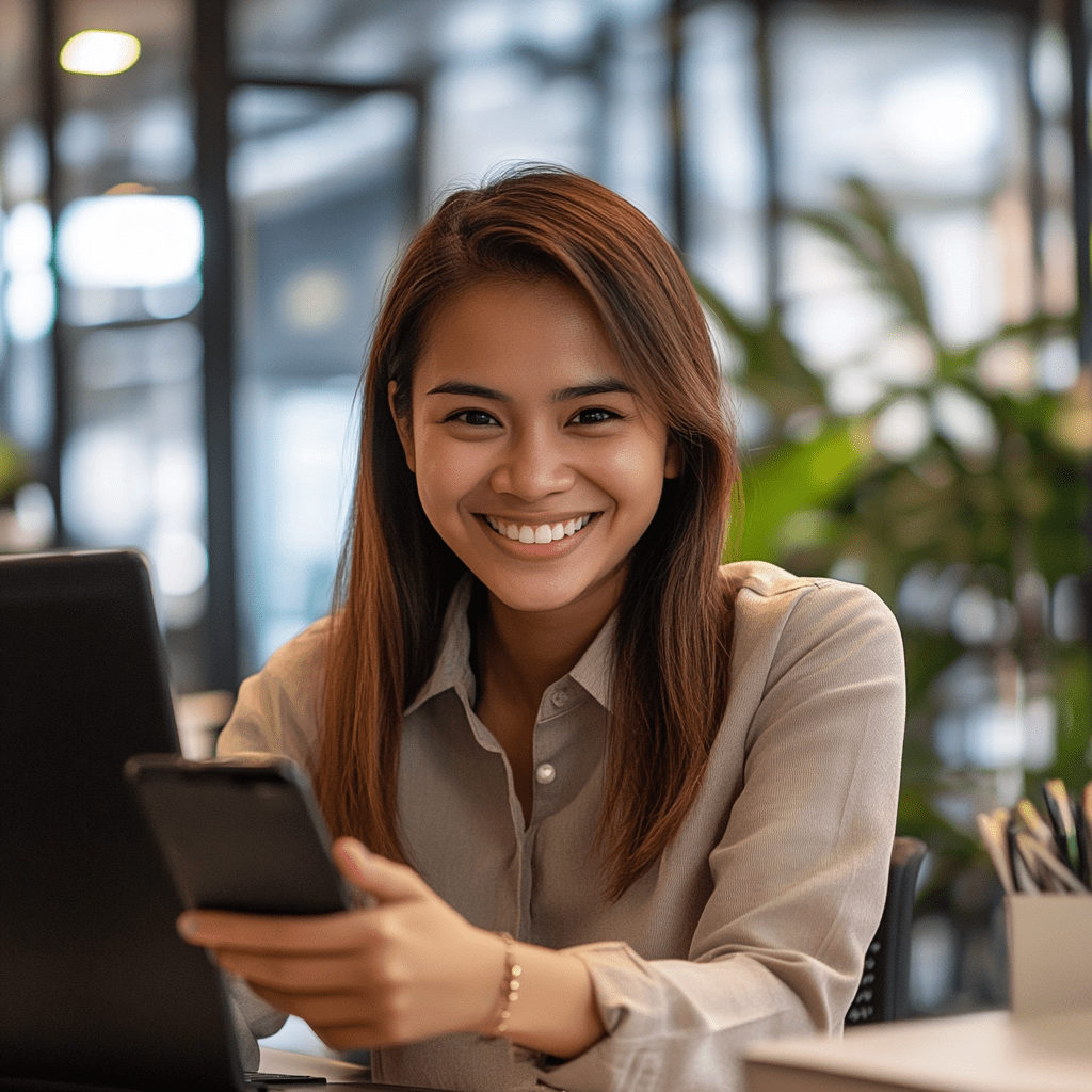 Outsource technical support services with Outsourced Staff-min Smiling woman in a professional setting, holding a smartphone, with a laptop and office plants in the background, representing approachable technical support and business communication.