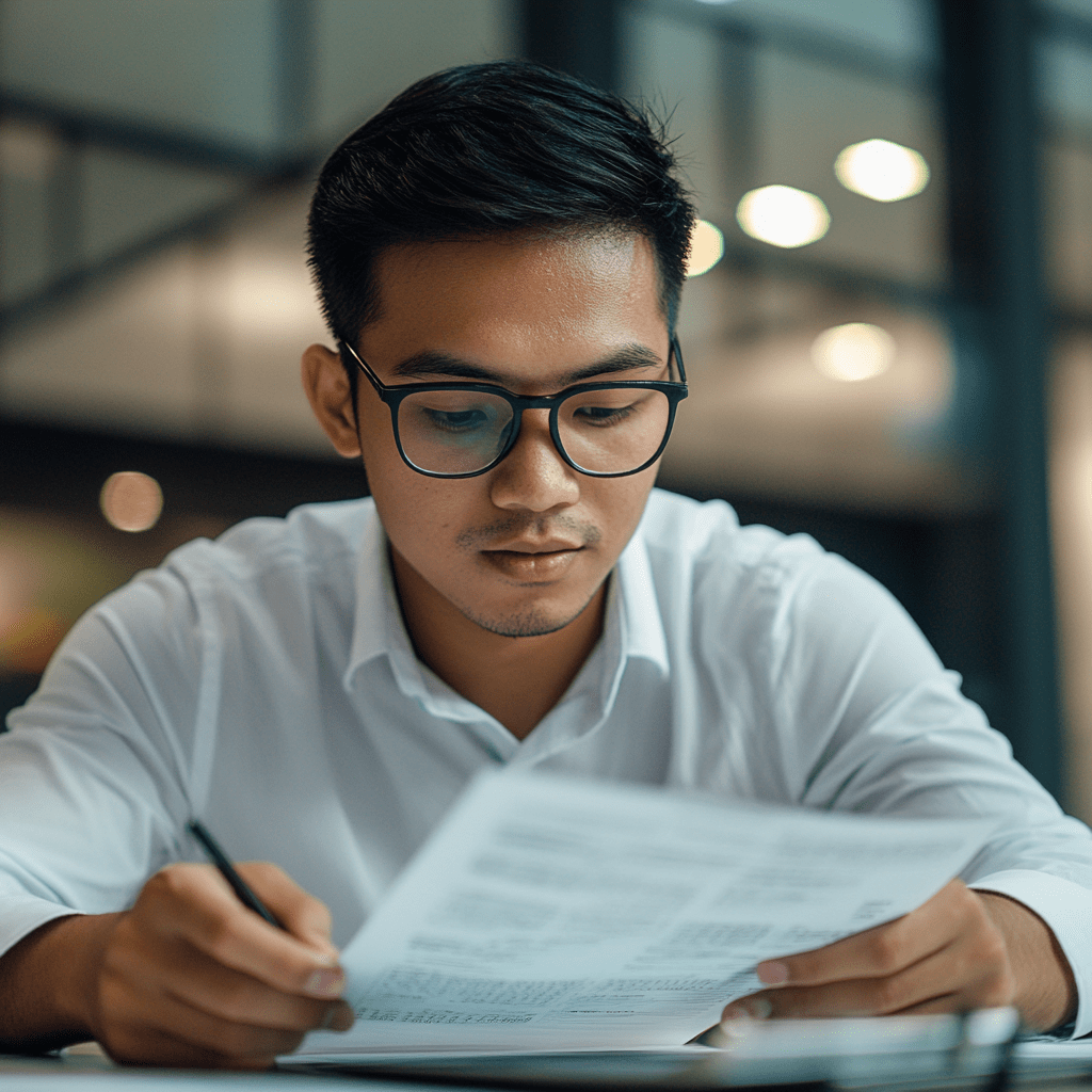 Man reviewing payroll documents, focusing on accuracy and compliance, in a modern office setting, relevant to outsourcing payroll processes.