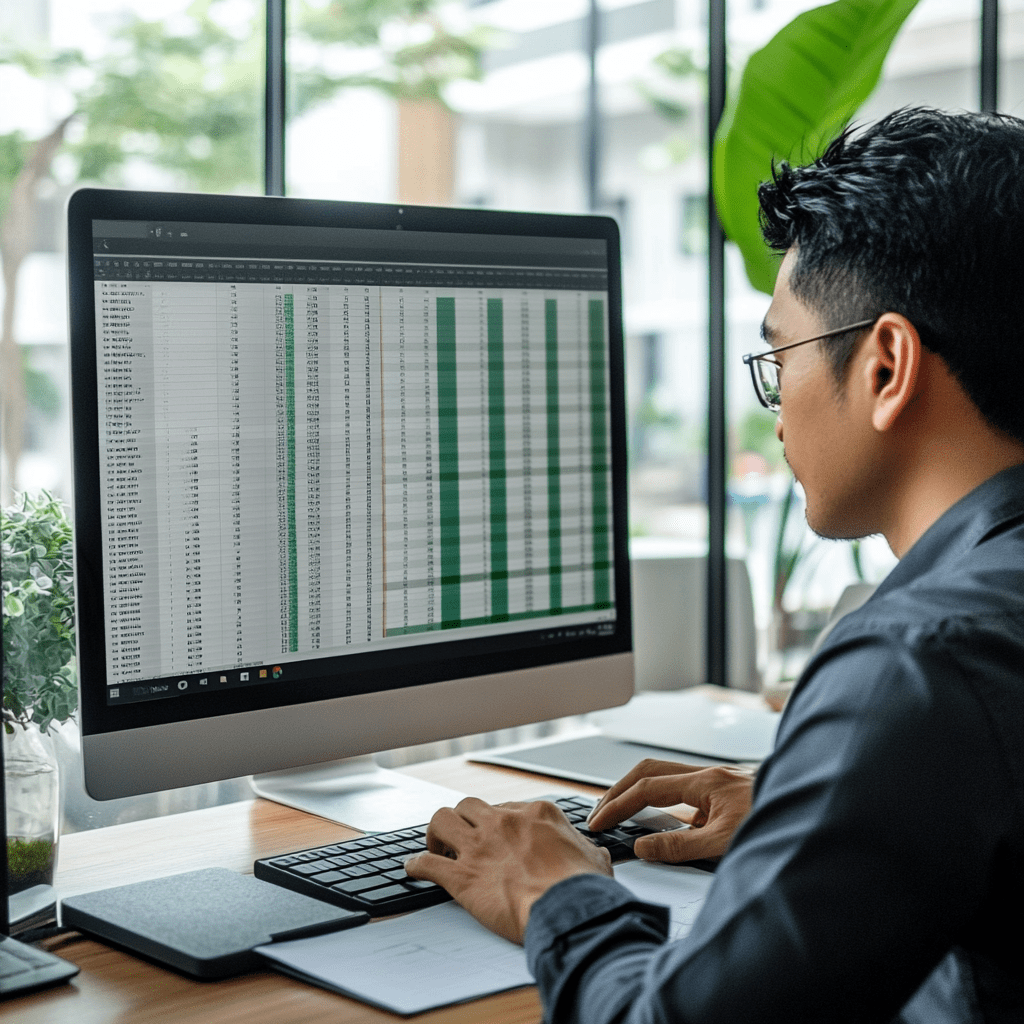 Outsourcing accounts payable still lets businesses oversee their financial reports-min Person analyzing financial data on a computer screen displaying spreadsheets, emphasizing accuracy and efficiency in accounts payable processes for outsourcing.