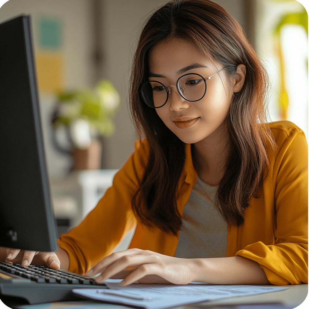 Woman in a yellow blazer working on a computer, focusing on payroll tasks and documentation, symbolizing the benefits of outsourcing payroll services for businesses.