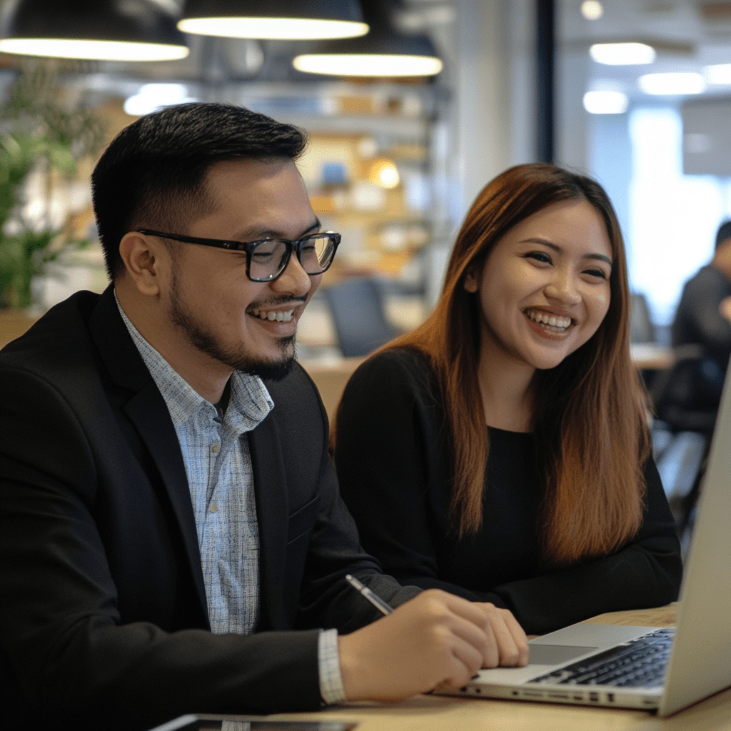 Outsourcing makes AP systems smoother-min Two professionals collaborating in a modern office setting, smiling while reviewing accounts payable processes on a laptop, illustrating teamwork and efficiency in outsourcing financial tasks.