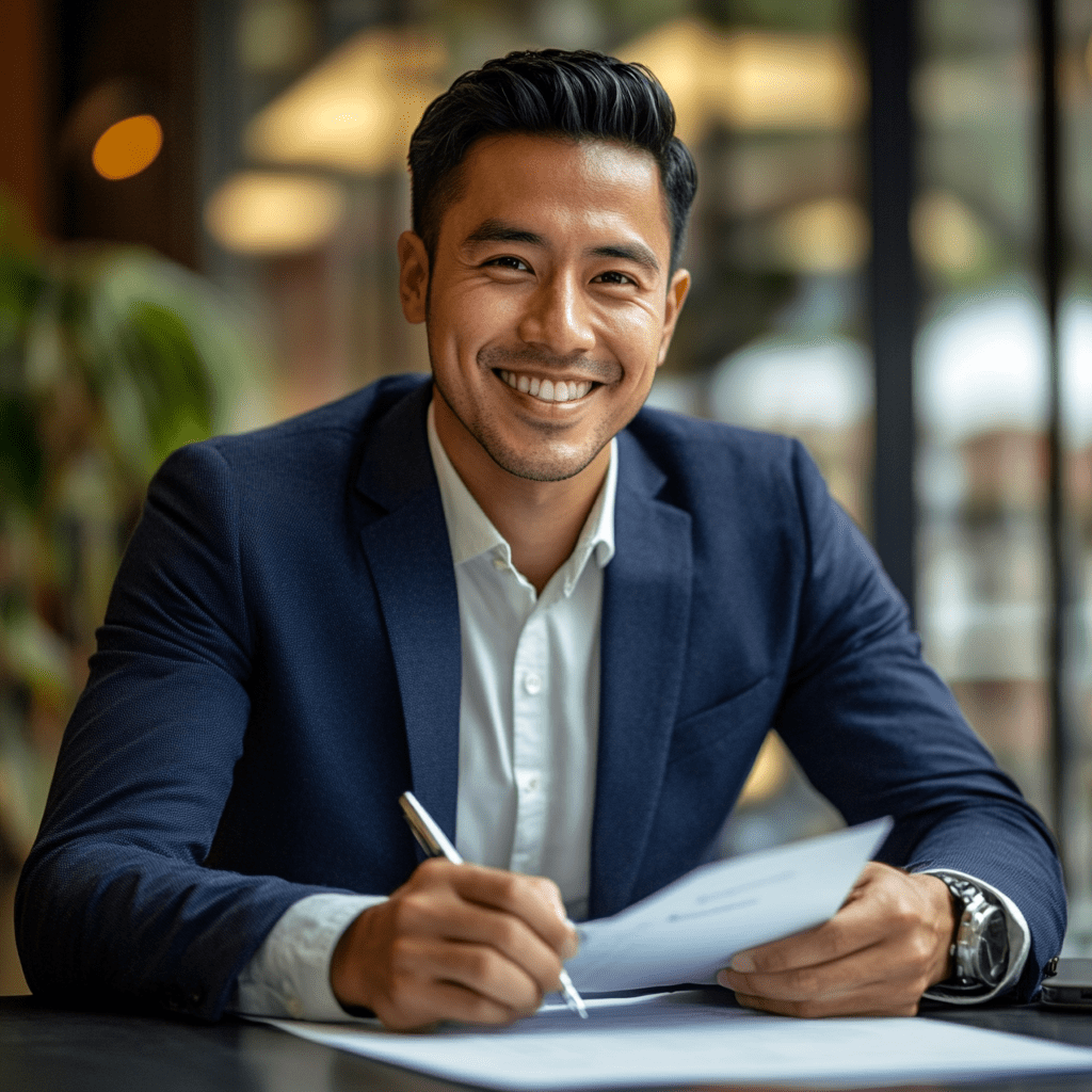 Smiling professional man in a suit writing on a document, representing decision-making in outsourcing pricing models.