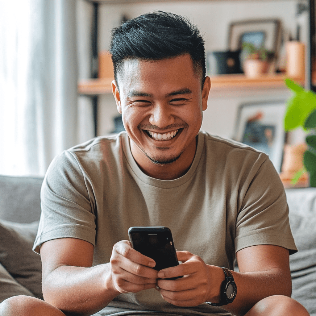 Outsourcing the front office can lead to happier customers Smiling man using smartphone in a relaxed home setting, illustrating effective customer communication and support through outsourcing.