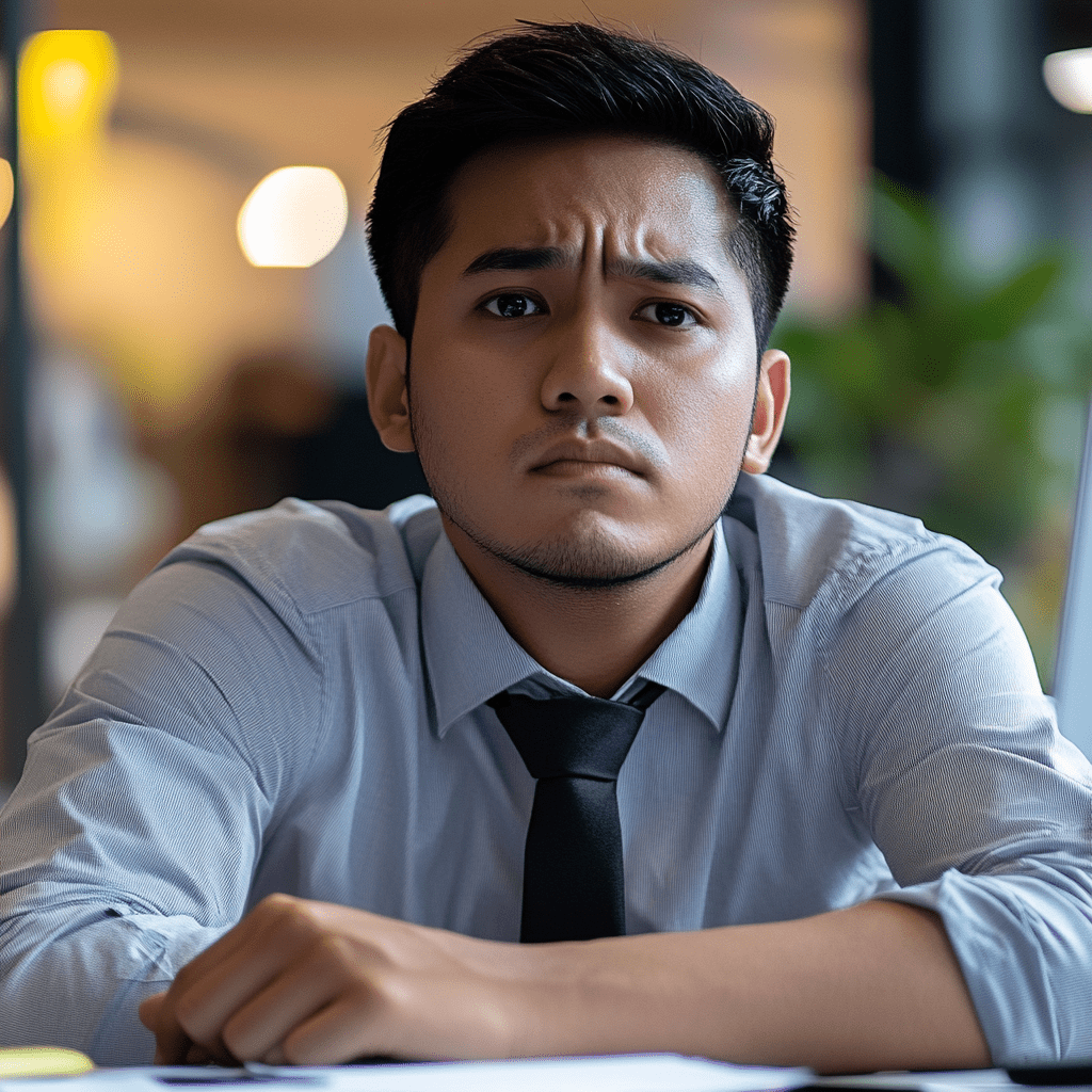 Concerned young professional in a business setting, reflecting on payroll challenges and time management issues related to outsourcing.