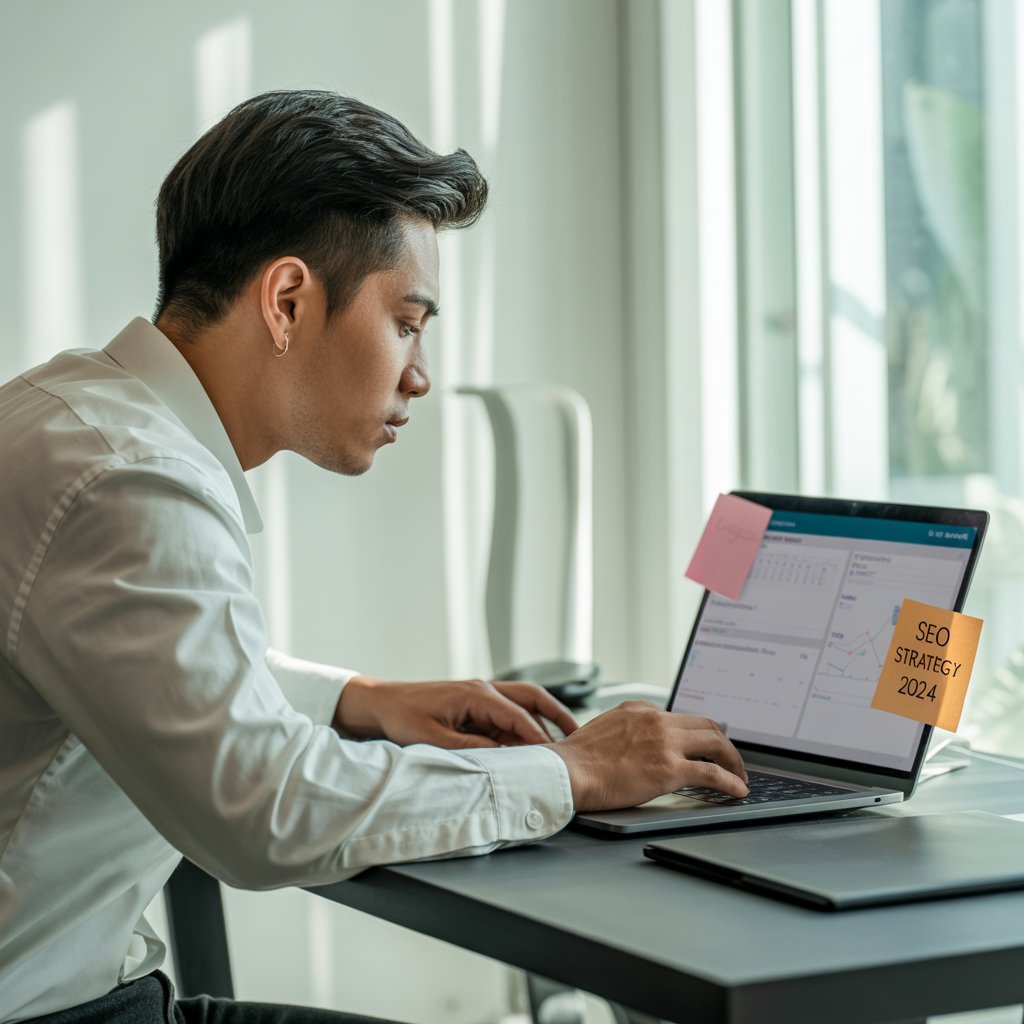 Professional working on a laptop with sticky notes labeled "SEO Strategy 2024," focused on digital marketing and search engine optimization strategies.