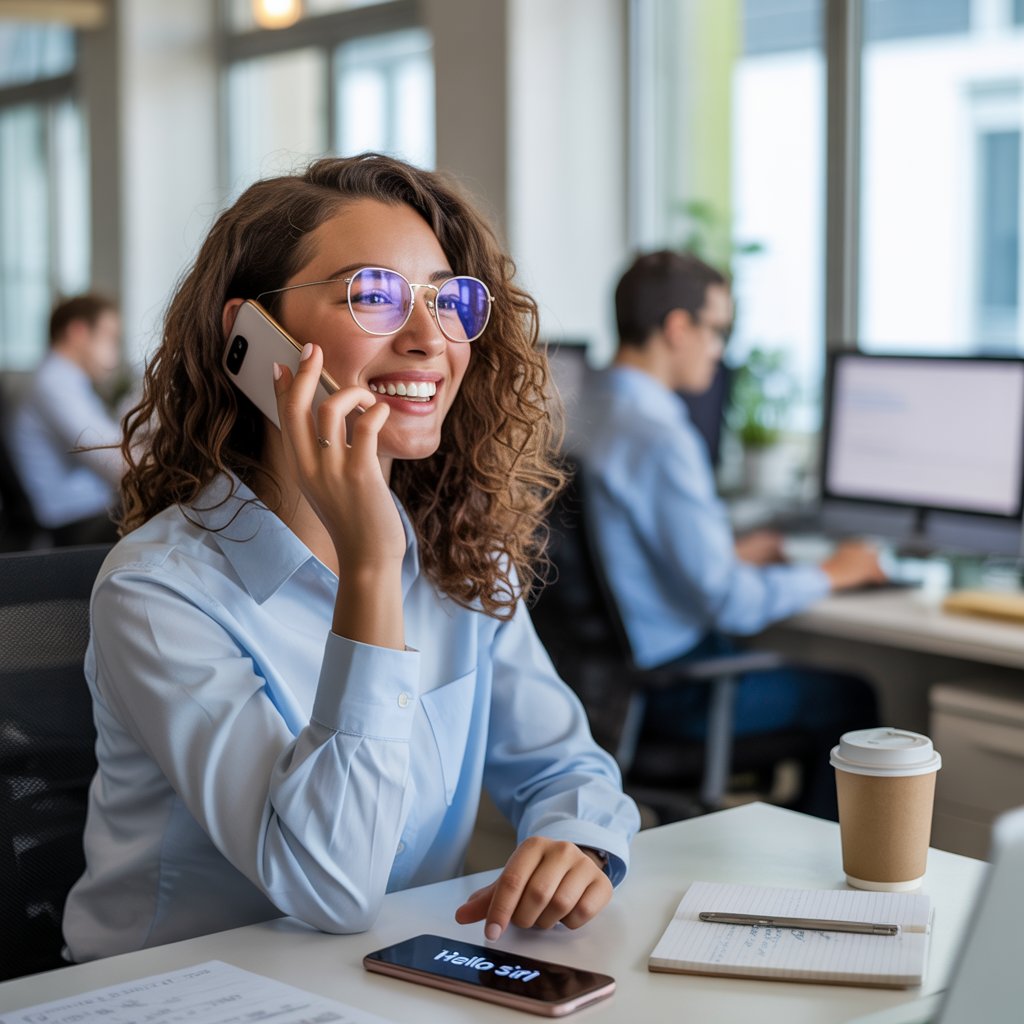 Take advantage of voice assistants at the workplace Smiling woman using smartphone with voice assistant in modern office setting, illustrating the integration of voice technology in business productivity.