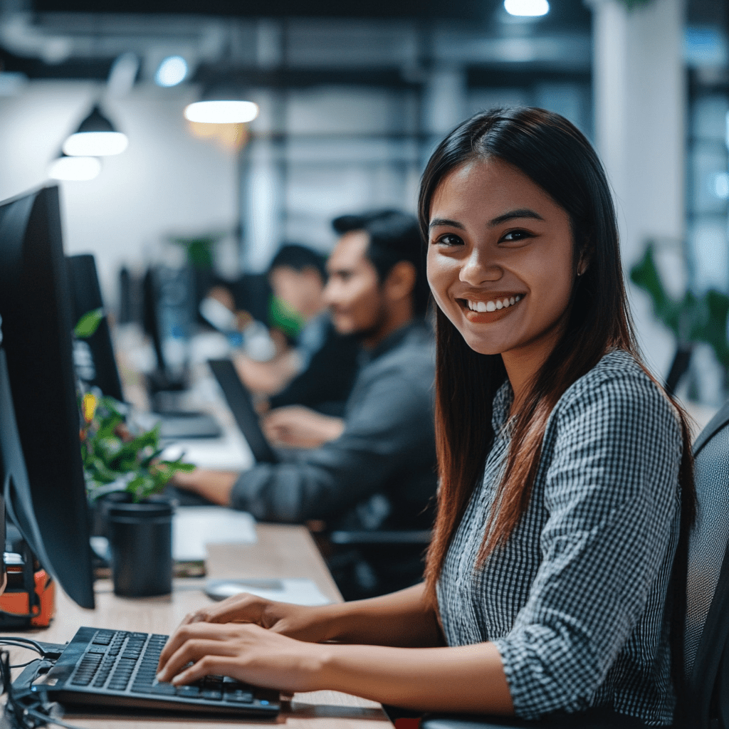 Tech support handles issues involving anything that uses technology-min Professional tech support staff member smiling at computer in modern office environment, showcasing technical support services and productivity.