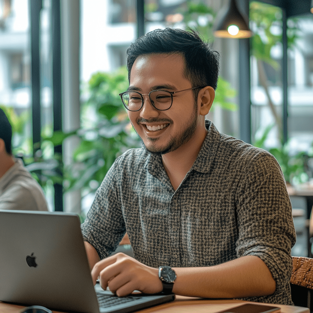 Technical support services let employees stay productive-min Smiling man in a casual shirt working on a laptop in a vibrant office setting, illustrating efficient technical support and productivity.