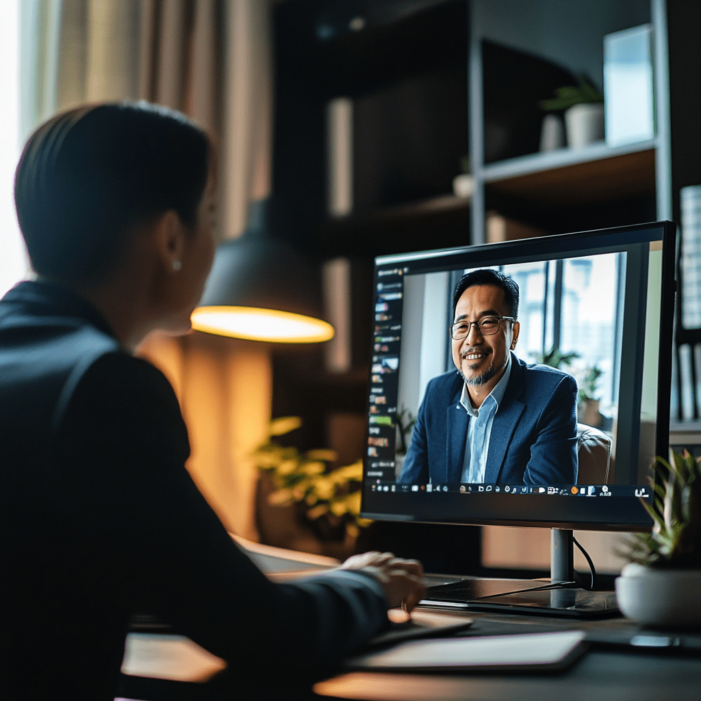 Professional virtual meeting between a woman in a blazer and a smiling man in a suit on a computer screen, emphasizing remote collaboration and outsourcing solutions.