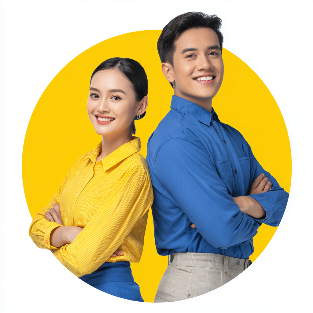 Smiling man and woman in professional attire, showcasing teamwork and collaboration for outsourcing services, set against a bright yellow background.
