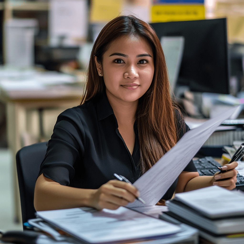 Woman in a black shirt reviewing documents at a desk in an office setting, representing expert tax preparation services.