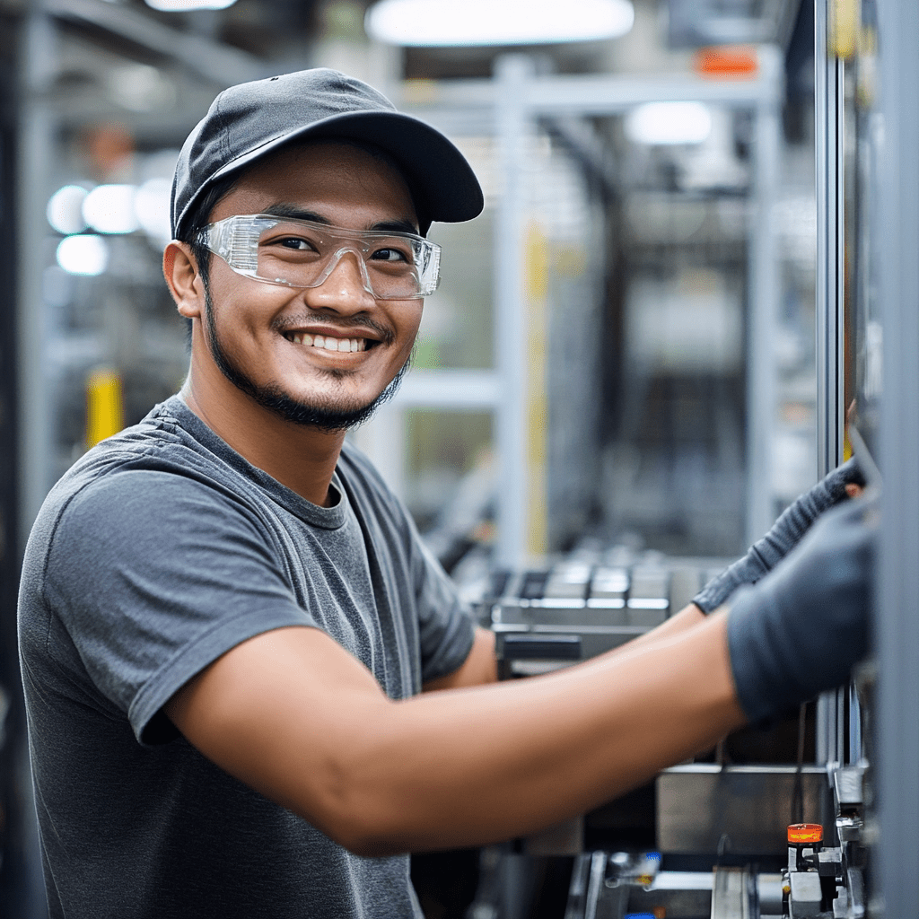 Smiling worker in safety glasses and cap operating machinery in a manufacturing setting, illustrating the importance of skilled labor in outsourcing manufacturing processes.
