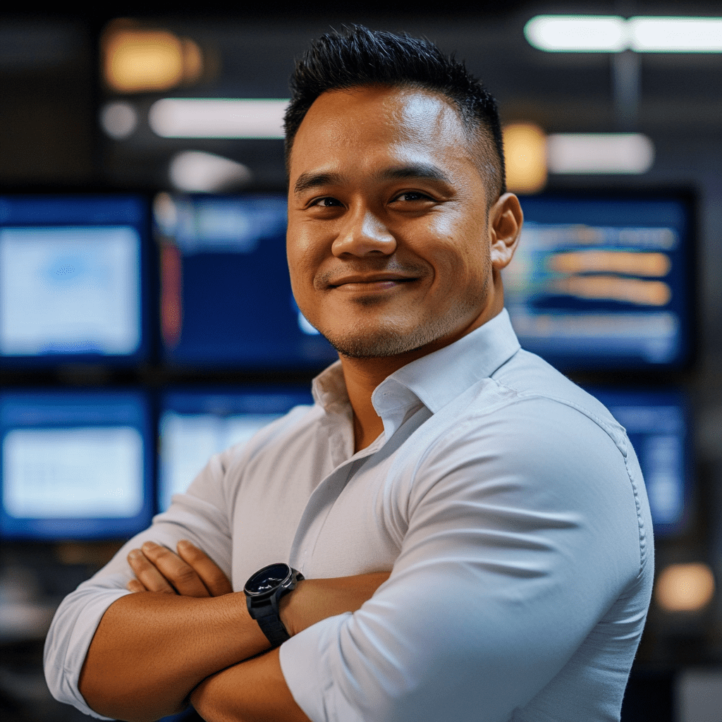 Confident professional man in a button-up shirt, smiling with arms crossed, in a modern office environment with multiple digital screens displaying data and analytics, representing outsourcing technology trends and business insights.