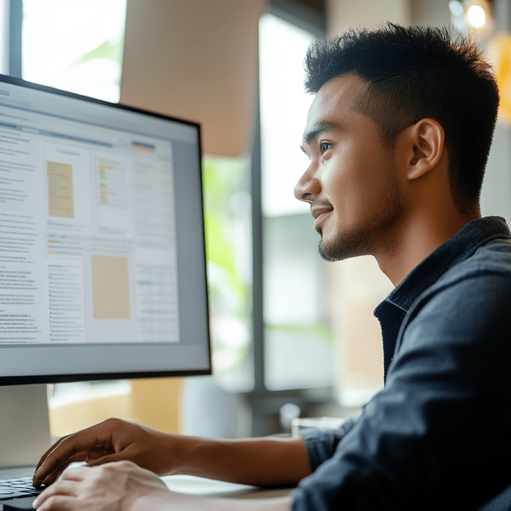 Man working on a computer, focused on digital content, illustrating modern recruitment processes in outsourcing.