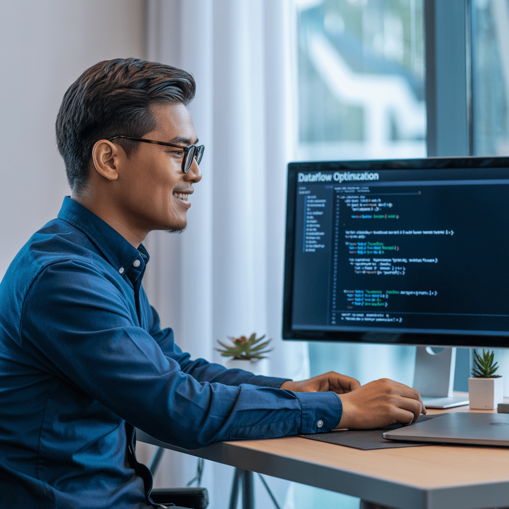Man working on computer displaying data engineering code on screen, illustrating dataflow optimization in a modern office setting.