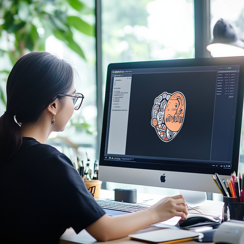 Woman designing a logo on a computer, showcasing creativity and brand identity in a modern workspace, emphasizing the role of outsourced logo designers.