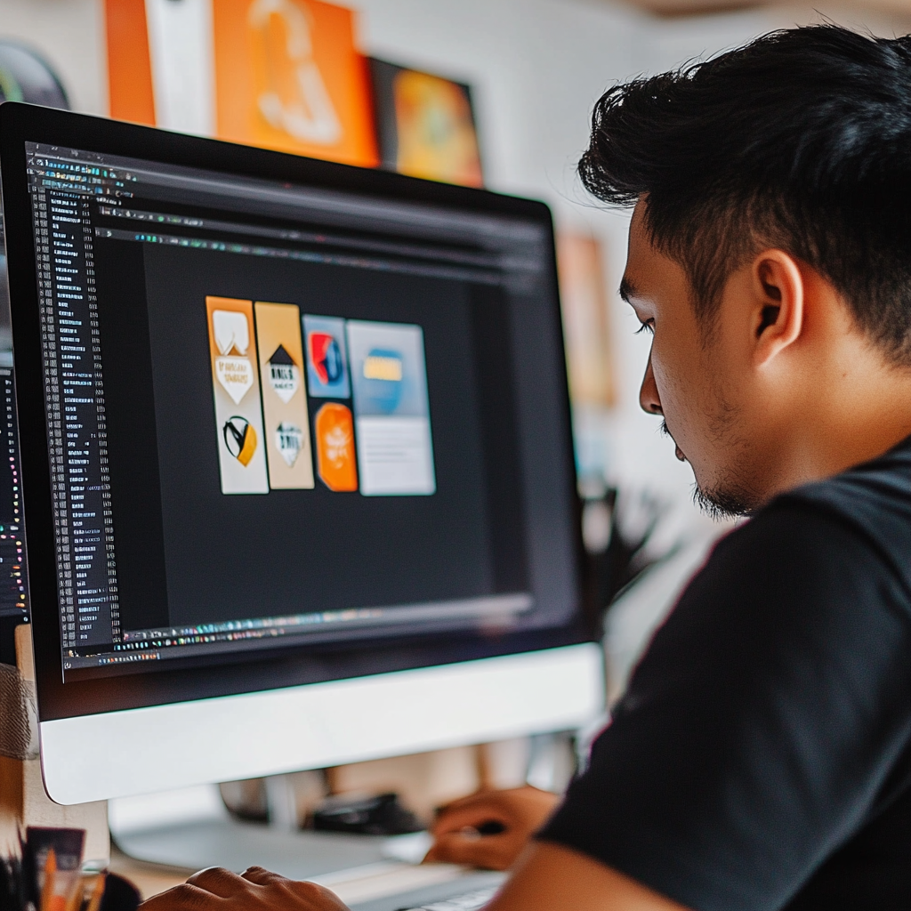 Designer working on logo concepts on a computer screen, showcasing various logo designs and branding elements, emphasizing creative branding and visual identity.