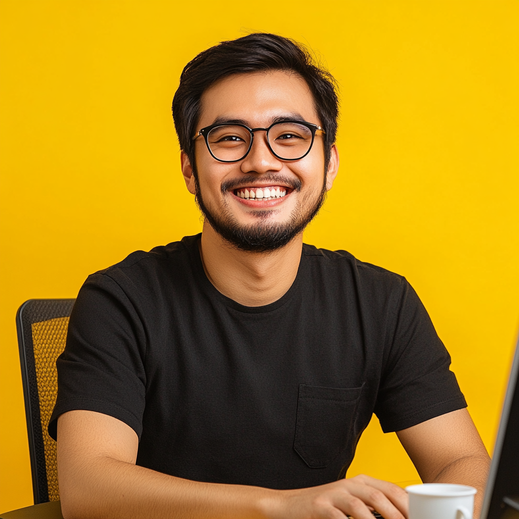 Smiling man in a black shirt sitting at a desk with a computer, representing a skilled Laravel developer ready to assist with web development projects.