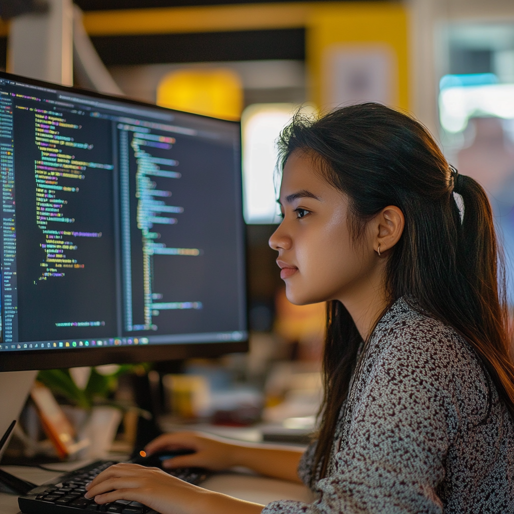 Woman coding on a computer monitor displaying Laravel programming, emphasizing software development expertise for web applications.