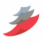 Logo design symbol featuring layered abstract shapes in blue, gray, and red, representing creativity and brand identity for outsourced design services.